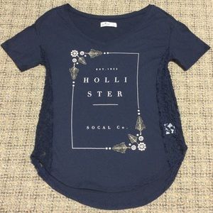 Hollister Co Navy Blue Floral Lace Side Panel Short Sleeve Tunic T-shirt * Small